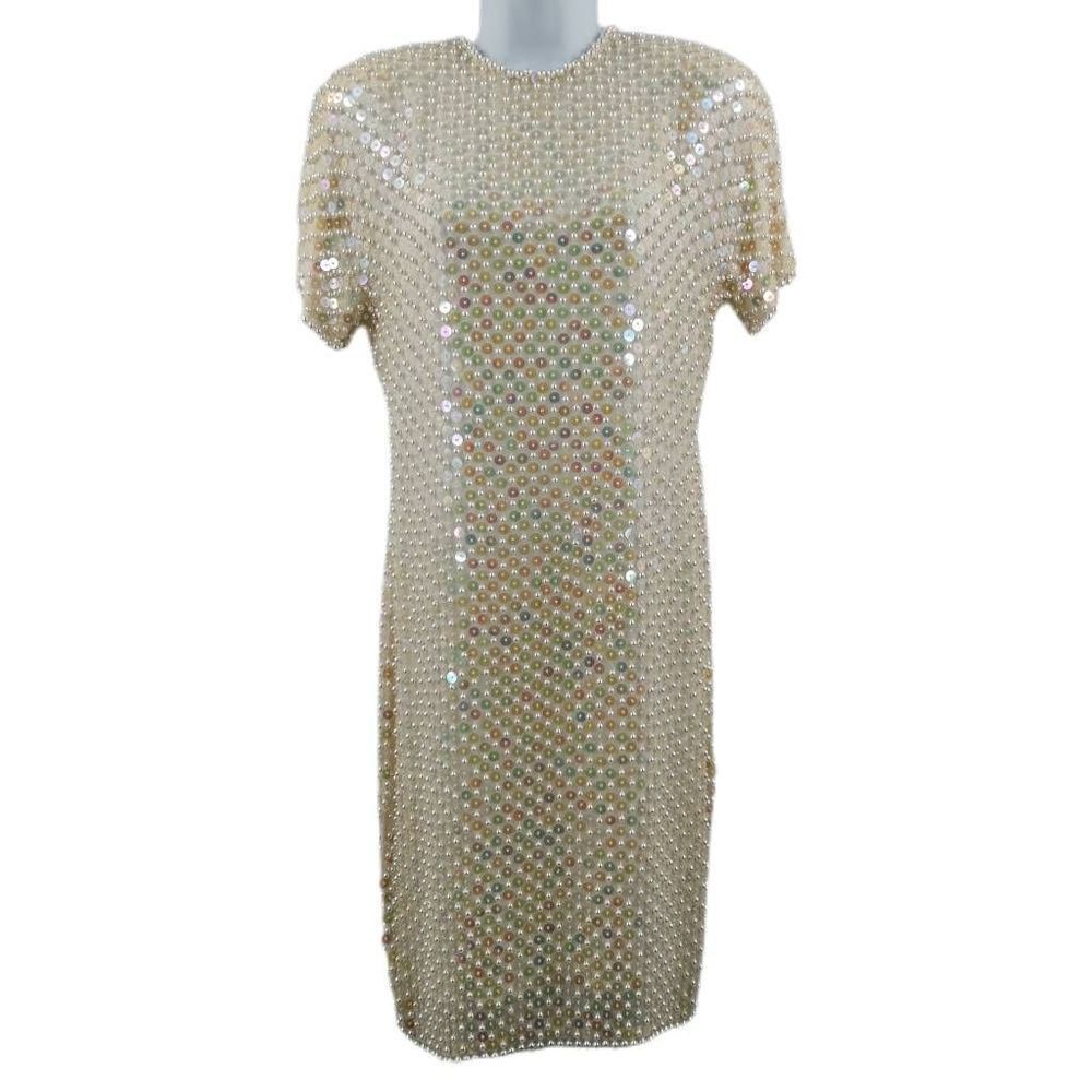 Vintage Oleg Cassini Cream Silk Dress | Sequins & Pearl Beaded Fringe Trim |